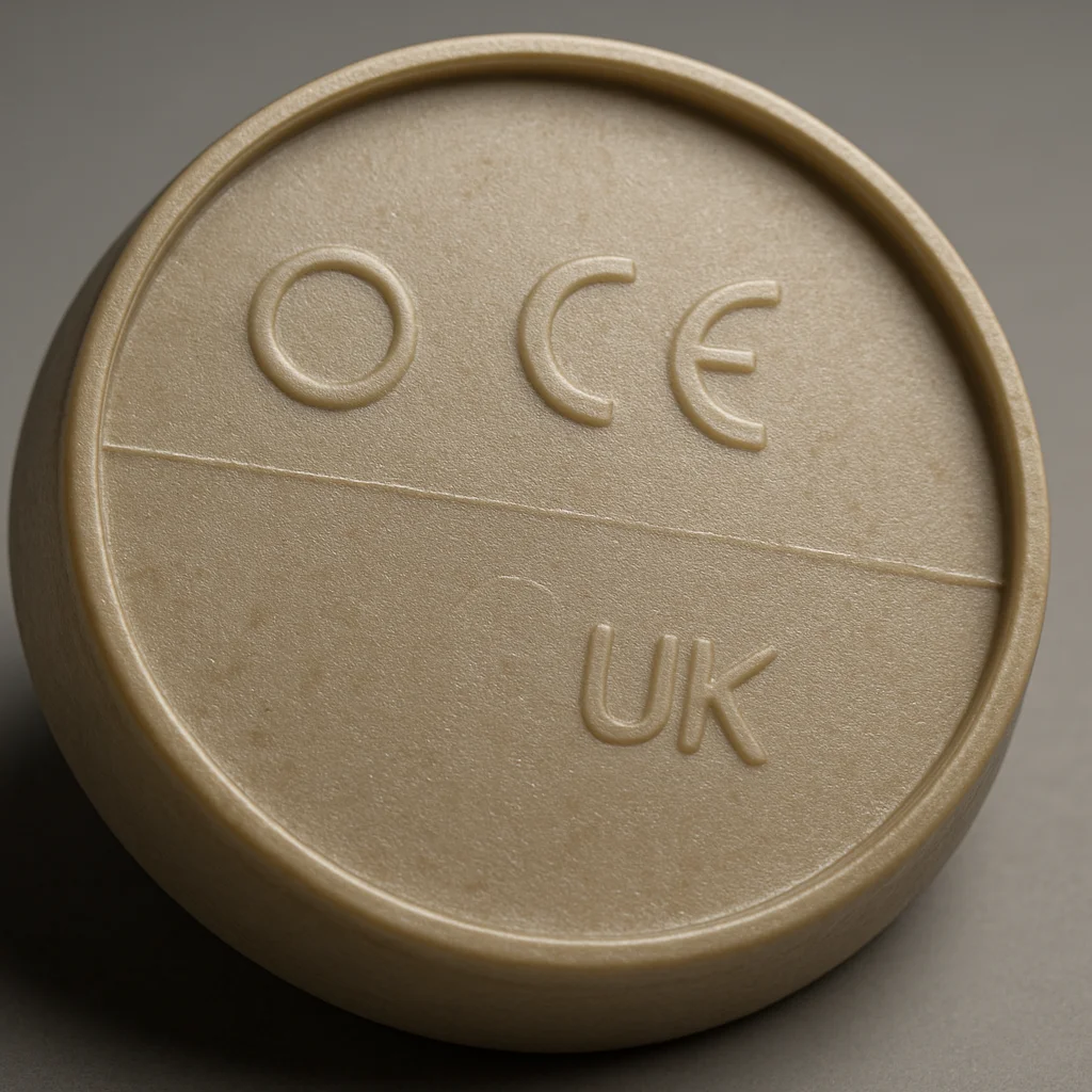 Close-up photograph of the underside of a genuine Mathmos Astro base, showing stamp typography, certification marks, and moulding parting line